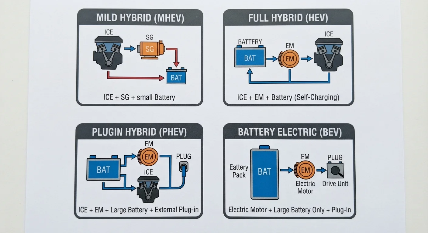 Mild Hybrid, Full Hybrid, PHEV, BEV: A Plain-Language Glossary